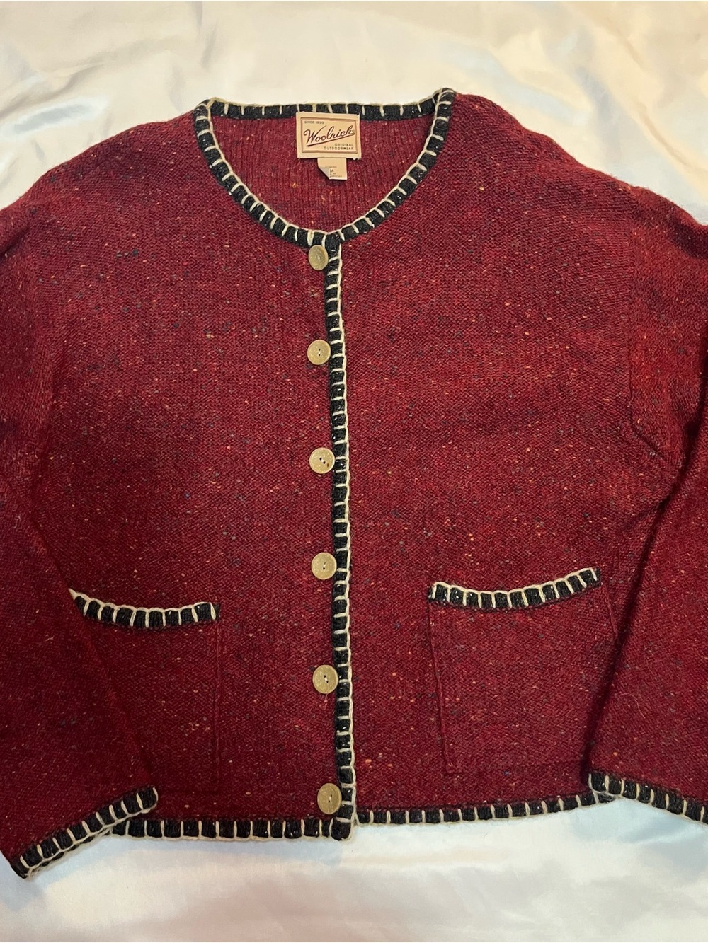 Woolrich Wool Cardigan Sweater Blanket Stitch Button Front Size Med Maroon